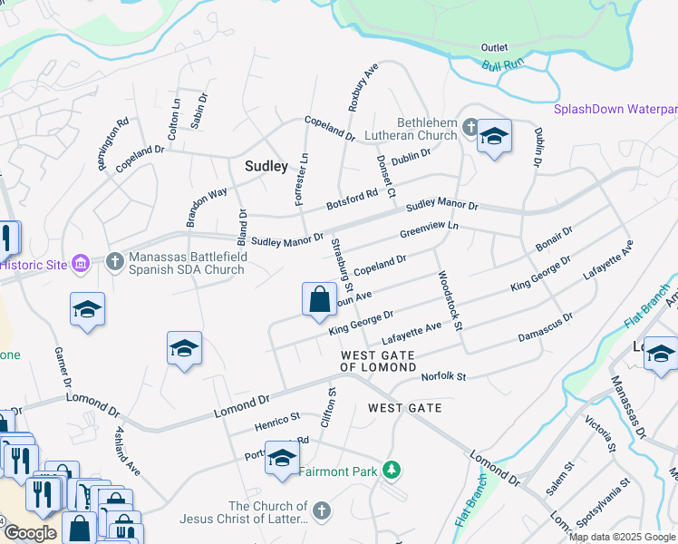 map of restaurants, bars, coffee shops, grocery stores, and more near 9699 Copeland Drive in Manassas