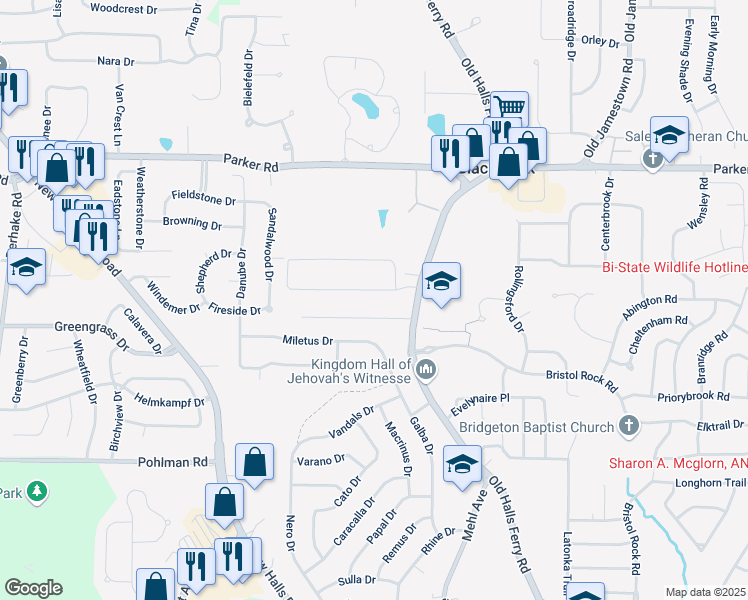 map of restaurants, bars, coffee shops, grocery stores, and more near 5 Rolling Hills Drive in Florissant