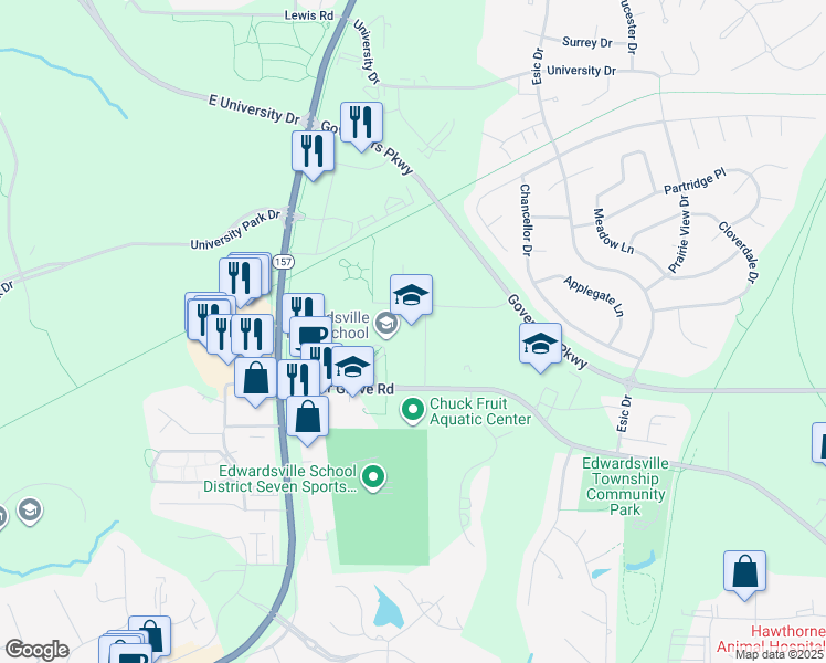 map of restaurants, bars, coffee shops, grocery stores, and more near 6161 Center Grove Road in Edwardsville