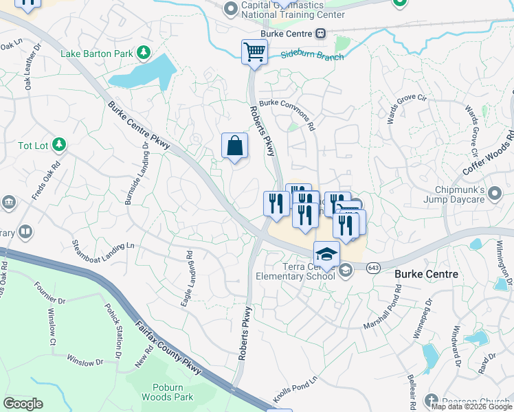 map of restaurants, bars, coffee shops, grocery stores, and more near 6040 Old Landing Way in Burke