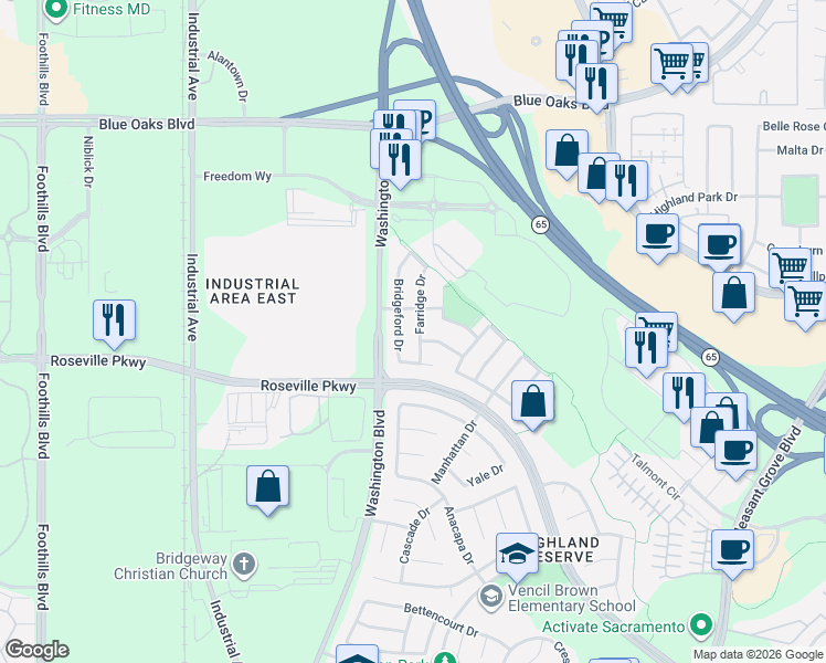 map of restaurants, bars, coffee shops, grocery stores, and more near 635 Cordovan Drive in Roseville