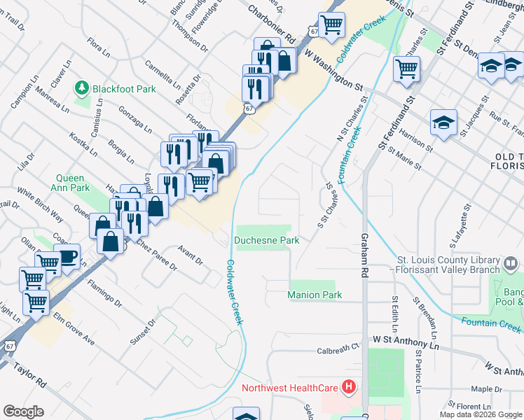 map of restaurants, bars, coffee shops, grocery stores, and more near 911 Cades Cove in Florissant