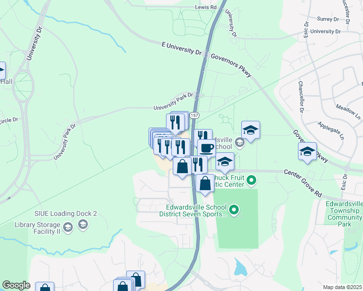 map of restaurants, bars, coffee shops, grocery stores, and more near 1063 Illinois 157 in Edwardsville