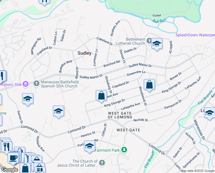 map of restaurants, bars, coffee shops, grocery stores, and more near 9699 Copeland Drive in Manassas