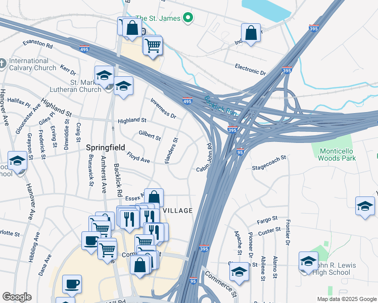 map of restaurants, bars, coffee shops, grocery stores, and more near 6809 Floyd Avenue in Springfield