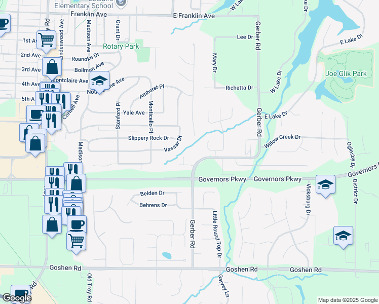 map of restaurants, bars, coffee shops, grocery stores, and more near 1725 Gerber Road in Edwardsville