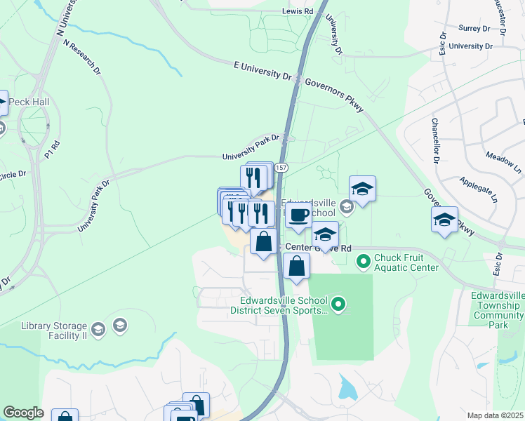 map of restaurants, bars, coffee shops, grocery stores, and more near 1063 State Route 157 in Edwardsville