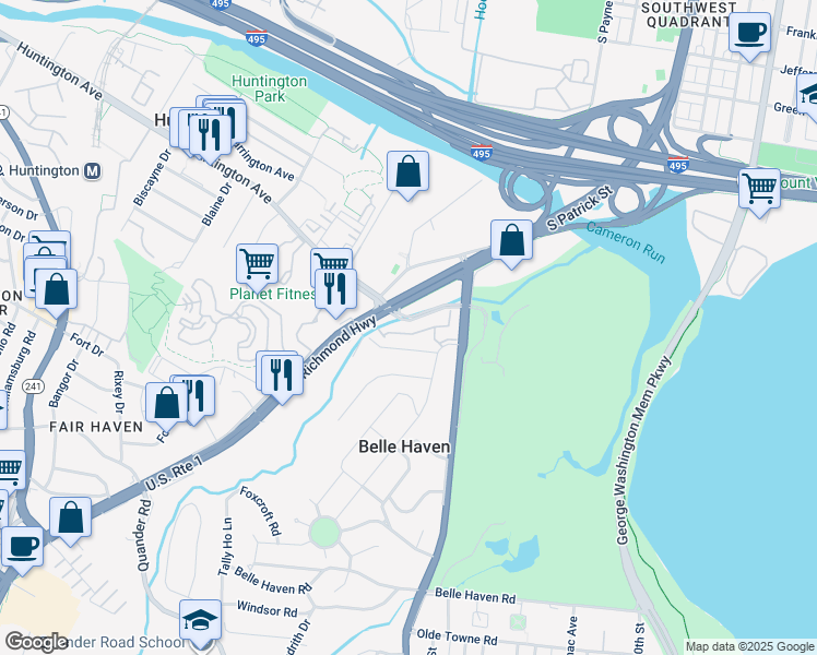 map of restaurants, bars, coffee shops, grocery stores, and more near 1832 Duffield Lane in Alexandria
