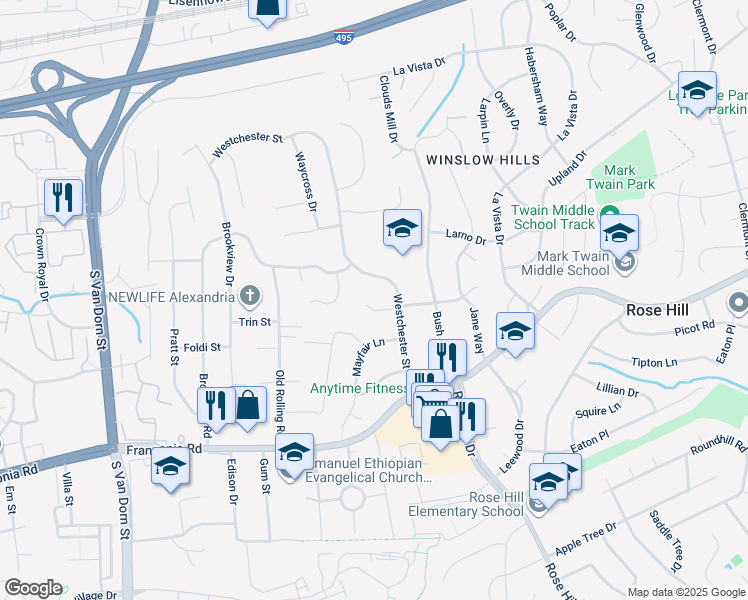 map of restaurants, bars, coffee shops, grocery stores, and more near 5206 Ninian Avenue in Alexandria