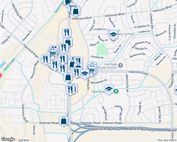 map of restaurants, bars, coffee shops, grocery stores, and more near Hancock Expressway & Jet Wing Drive in Colorado Springs