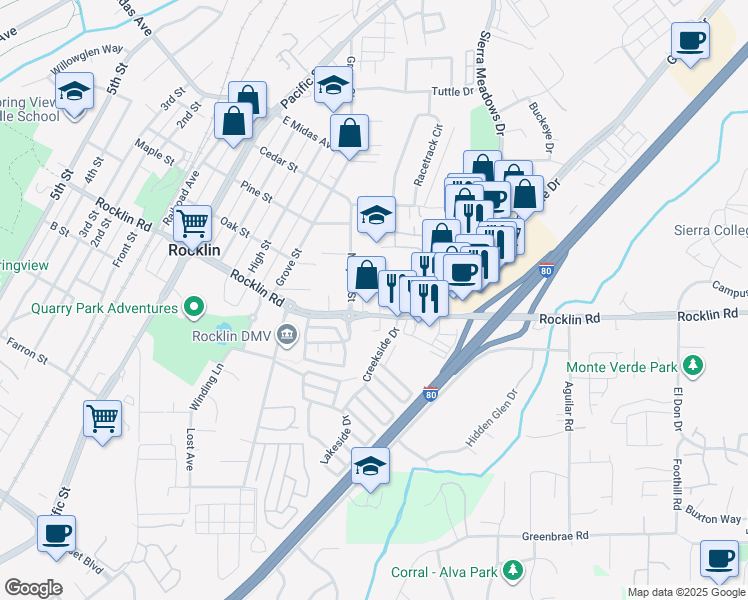 map of restaurants, bars, coffee shops, grocery stores, and more near 4253 Rocklin Road in Rocklin