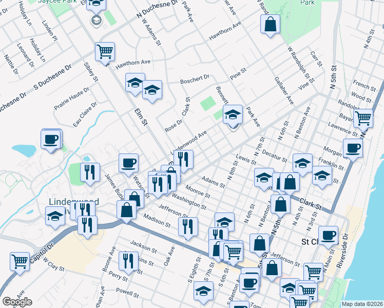 map of restaurants, bars, coffee shops, grocery stores, and more near 428 Houston Street in Saint Charles