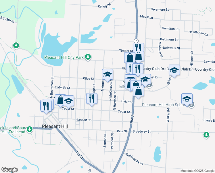 map of restaurants, bars, coffee shops, grocery stores, and more near 327 North McKissock Street in Pleasant Hill