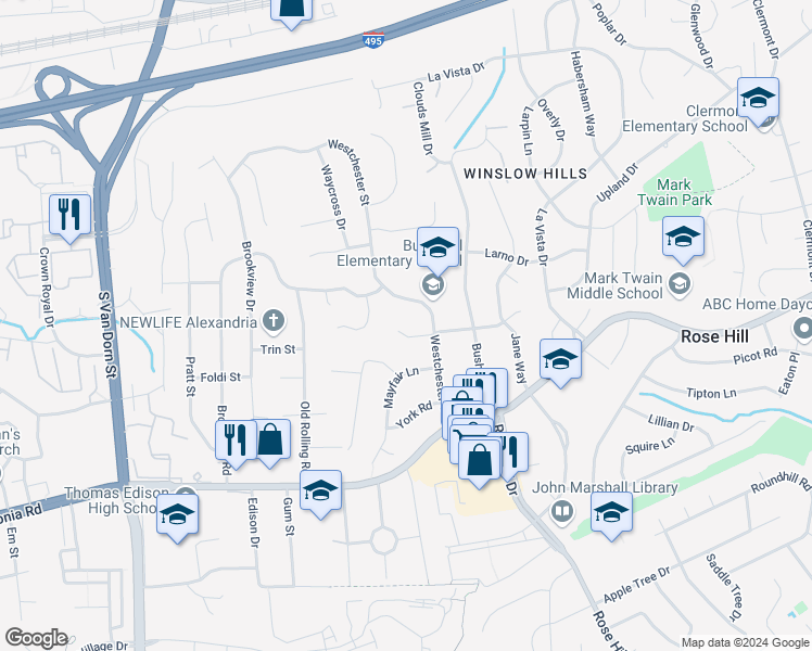map of restaurants, bars, coffee shops, grocery stores, and more near 5206 Ninian Avenue in Alexandria