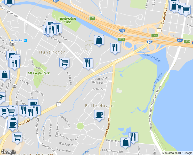 map of restaurants, bars, coffee shops, grocery stores, and more near 1914 Duffield Lane in Alexandria