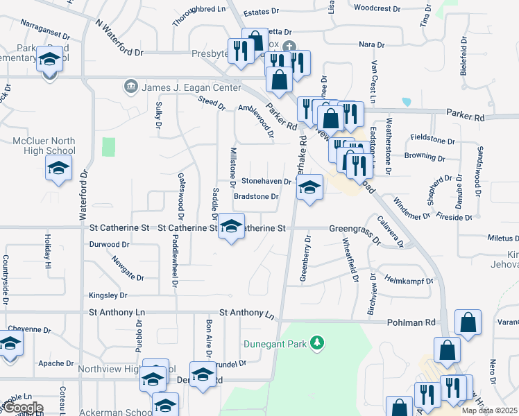 map of restaurants, bars, coffee shops, grocery stores, and more near 3605 Brookstone Drive in Florissant