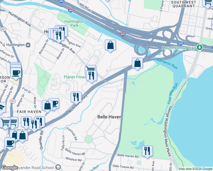 map of restaurants, bars, coffee shops, grocery stores, and more near 1914 Duffield Lane in Alexandria