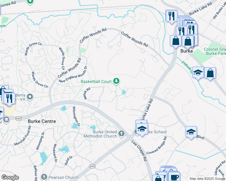 map of restaurants, bars, coffee shops, grocery stores, and more near 9808 Natick Road in Burke