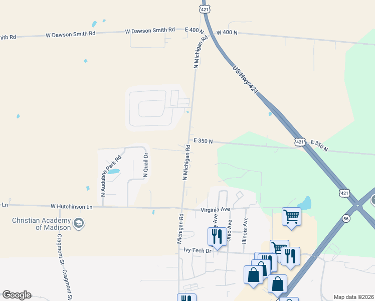 map of restaurants, bars, coffee shops, grocery stores, and more near 3398 North Michigan Road in Madison