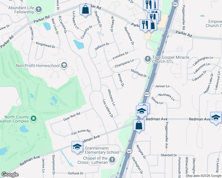 map of restaurants, bars, coffee shops, grocery stores, and more near 11613 Altozano Lane in Florissant