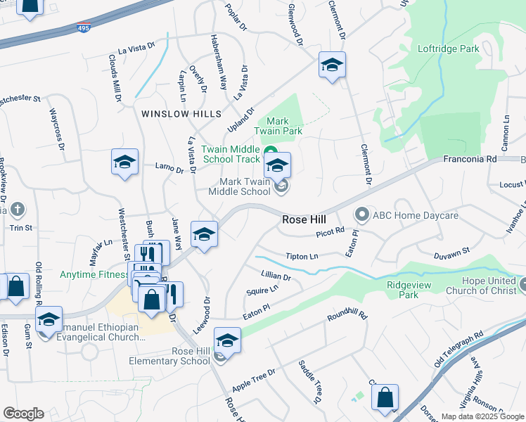map of restaurants, bars, coffee shops, grocery stores, and more near 4707 Franconia Road in Alexandria