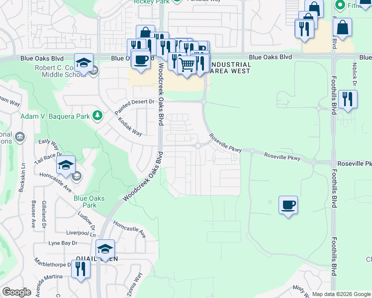 map of restaurants, bars, coffee shops, grocery stores, and more near 6056 Campus Pkwy in Roseville