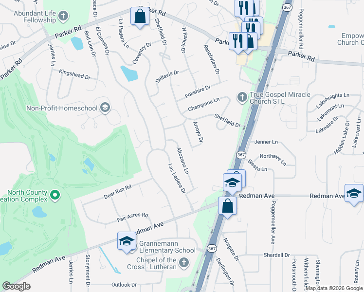 map of restaurants, bars, coffee shops, grocery stores, and more near 11613 Altozano Lane in Florissant