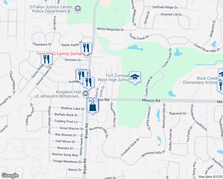 map of restaurants, bars, coffee shops, grocery stores, and more near 1-53 Painted Pony Drive in O'Fallon
