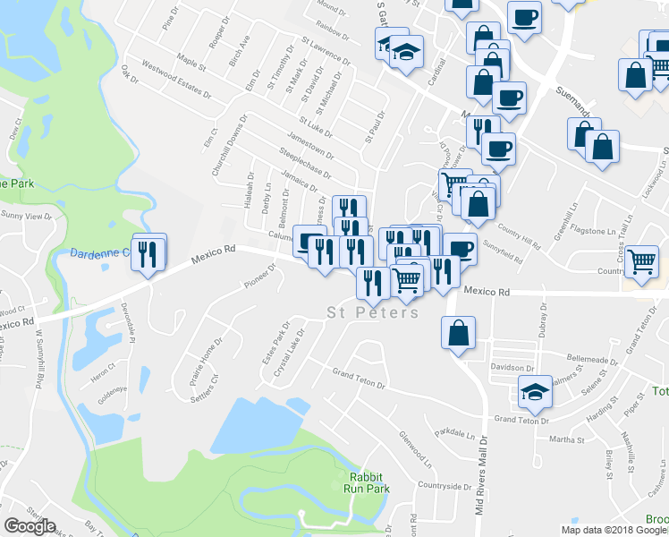 map of restaurants, bars, coffee shops, grocery stores, and more near Mexico Road in St. Peters