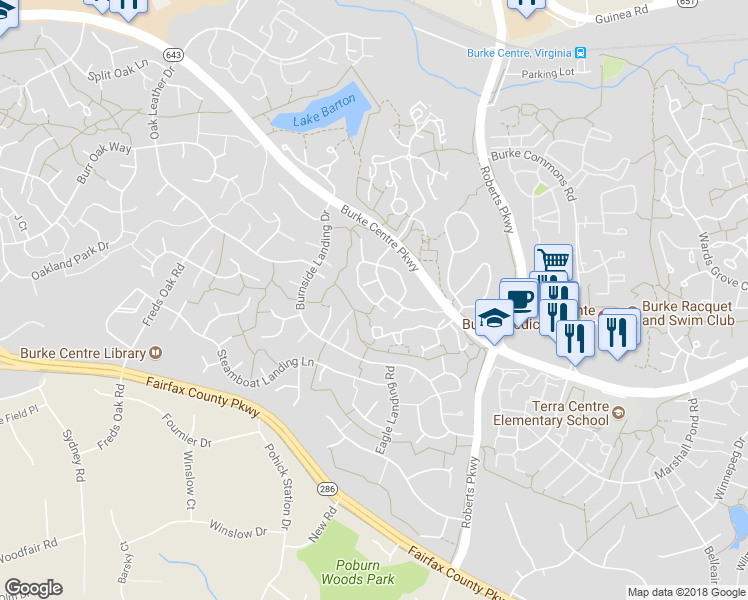 map of restaurants, bars, coffee shops, grocery stores, and more near 10601 Reed's Landing Circle in Burke