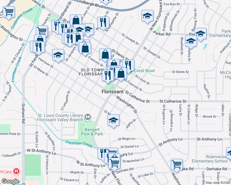 map of restaurants, bars, coffee shops, grocery stores, and more near in Florissant