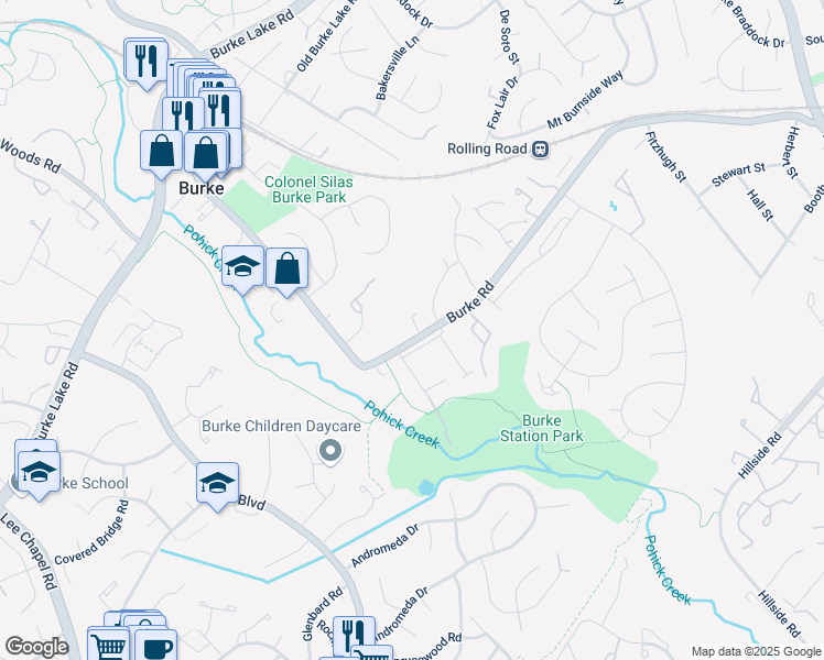 map of restaurants, bars, coffee shops, grocery stores, and more near 5988 Meadow Brook Drive in Burke