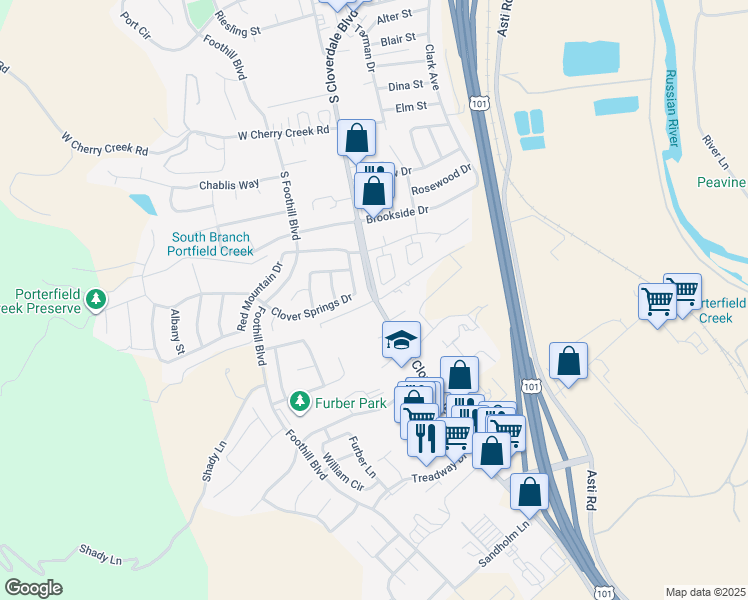 map of restaurants, bars, coffee shops, grocery stores, and more near 1001 South Cloverdale Boulevard in Cloverdale
