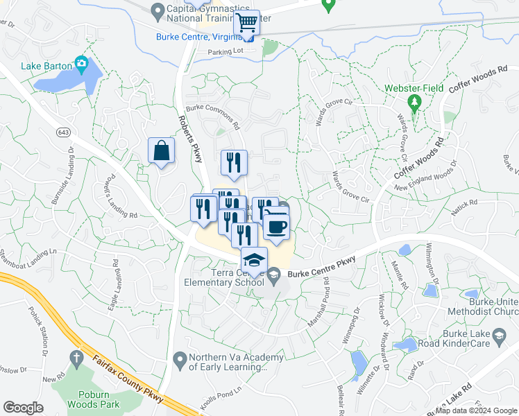 map of restaurants, bars, coffee shops, grocery stores, and more near 6023 Scarborough Commons Lane in Burke