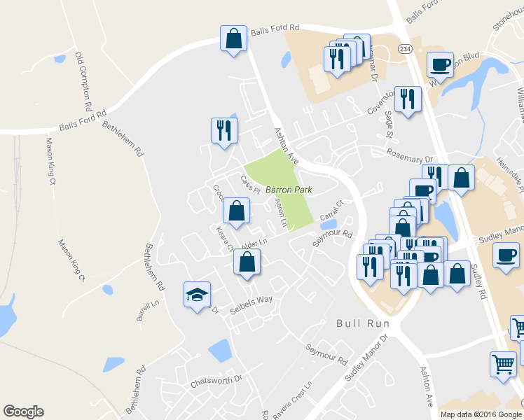 map of restaurants, bars, coffee shops, grocery stores, and more near 7854 Apache Ridge Court in Manassas
