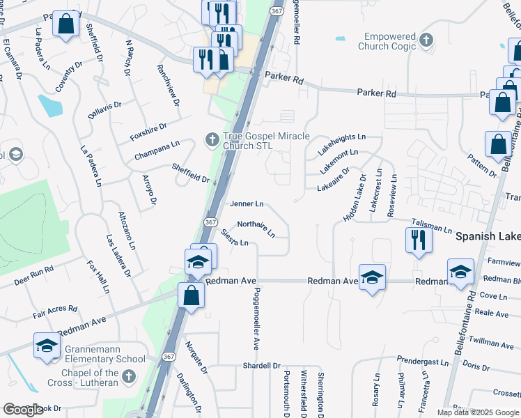 map of restaurants, bars, coffee shops, grocery stores, and more near 2032 Jenner Lane in St. Louis