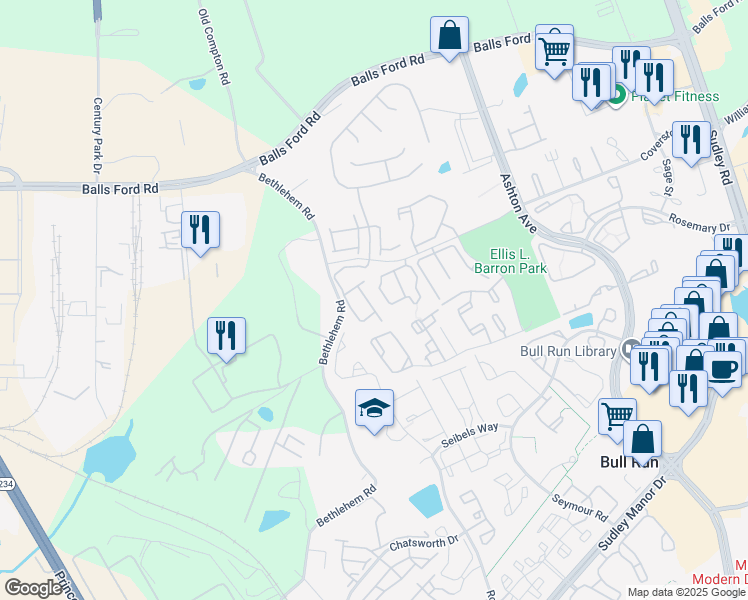 map of restaurants, bars, coffee shops, grocery stores, and more near 7817 Cove Point Drive in Manassas