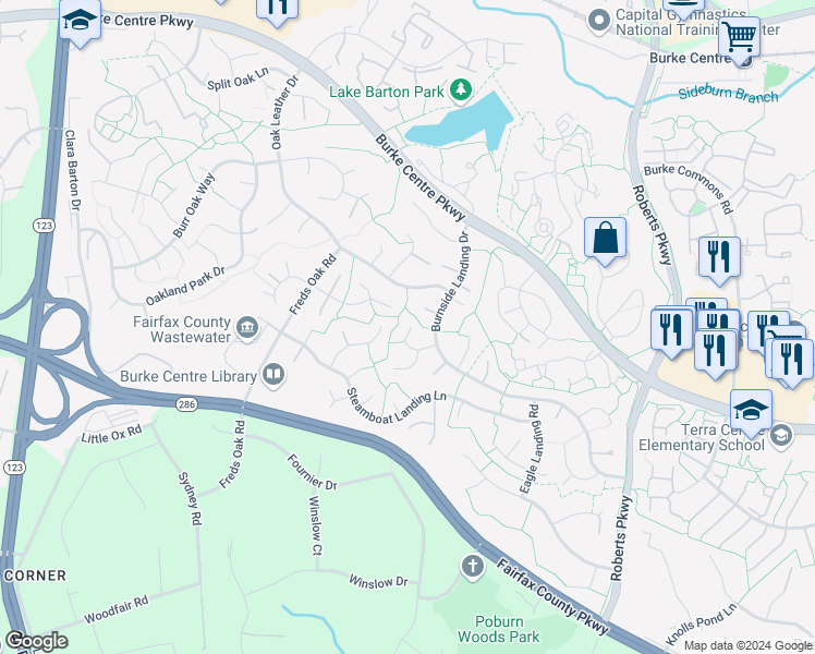 map of restaurants, bars, coffee shops, grocery stores, and more near 10630 Battalion Landing Court in Burke