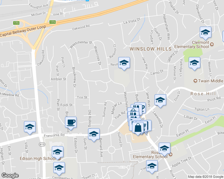 map of restaurants, bars, coffee shops, grocery stores, and more near 5210 Ninian Avenue in Alexandria