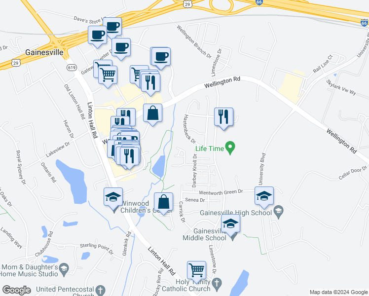 map of restaurants, bars, coffee shops, grocery stores, and more near 7741 Milton Circle in Gainesville