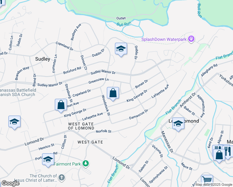 map of restaurants, bars, coffee shops, grocery stores, and more near 9610 Bonair Drive in Manassas