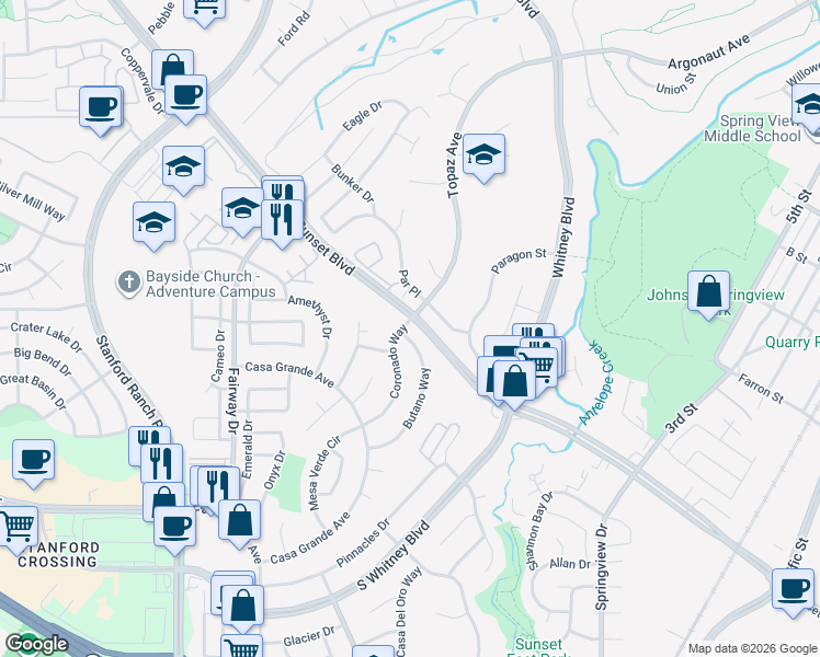map of restaurants, bars, coffee shops, grocery stores, and more near 5467 Coronado Way in Rocklin