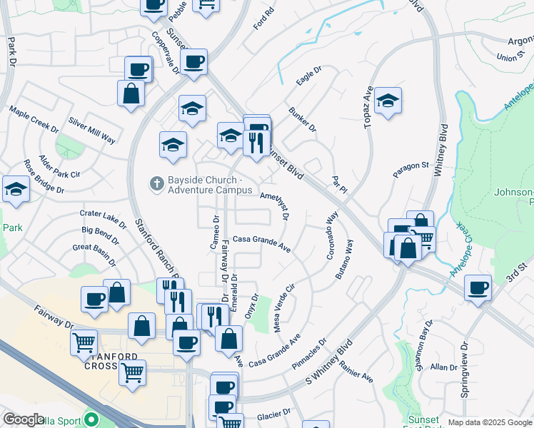 map of restaurants, bars, coffee shops, grocery stores, and more near 3716 Aurora Loop in Rocklin