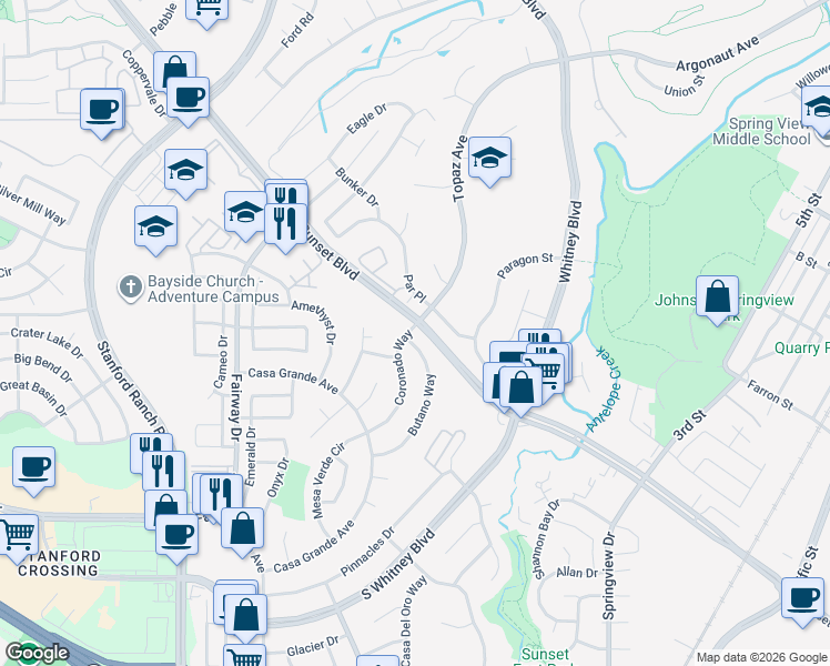 map of restaurants, bars, coffee shops, grocery stores, and more near 5467 Coronado Way in Rocklin