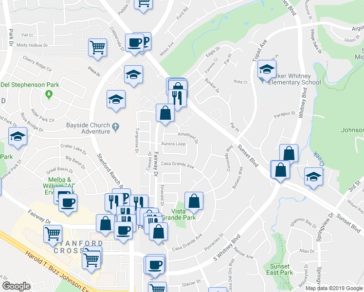 map of restaurants, bars, coffee shops, grocery stores, and more near 3737 Aurora Loop in Rocklin