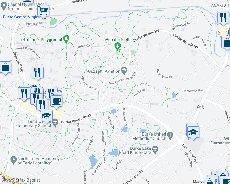 map of restaurants, bars, coffee shops, grocery stores, and more near 9952 Hemlock Woods Lane in Burke