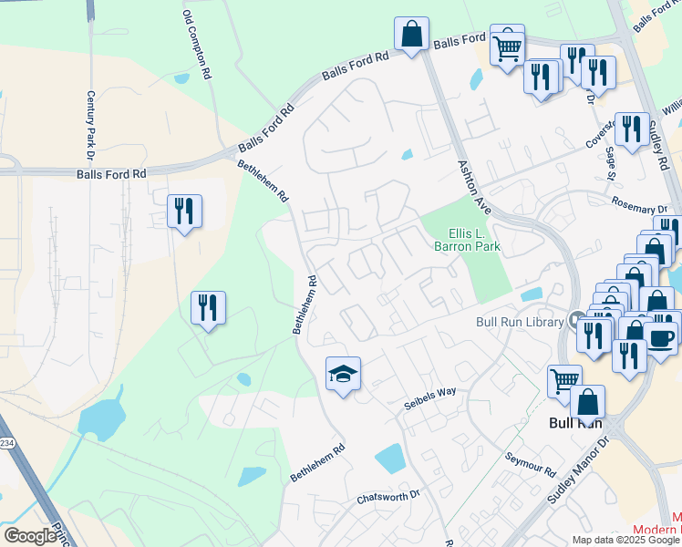 map of restaurants, bars, coffee shops, grocery stores, and more near 7815 Cove Point Drive in Manassas