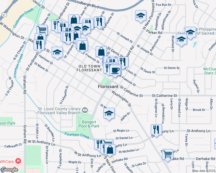 map of restaurants, bars, coffee shops, grocery stores, and more near in Florissant