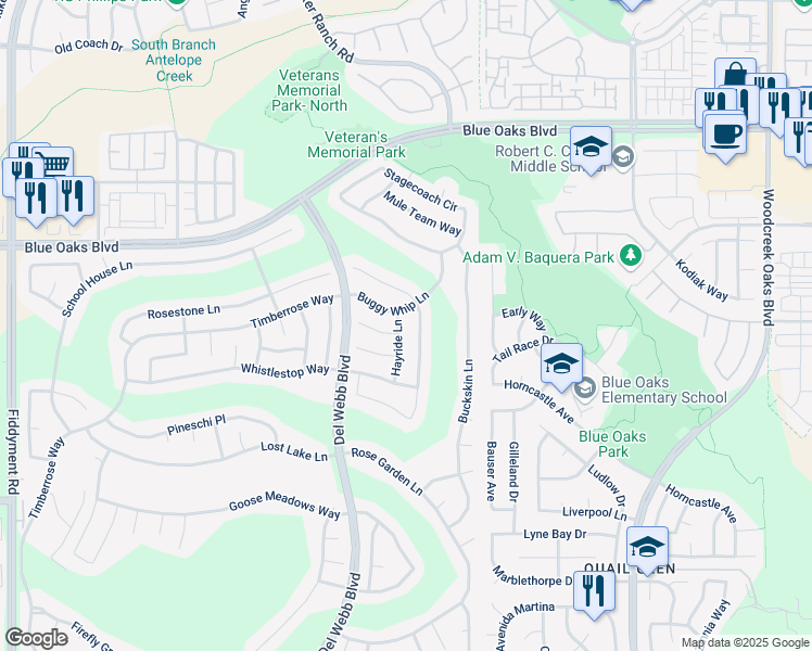 map of restaurants, bars, coffee shops, grocery stores, and more near 7059 Cope Ridge Way in Roseville