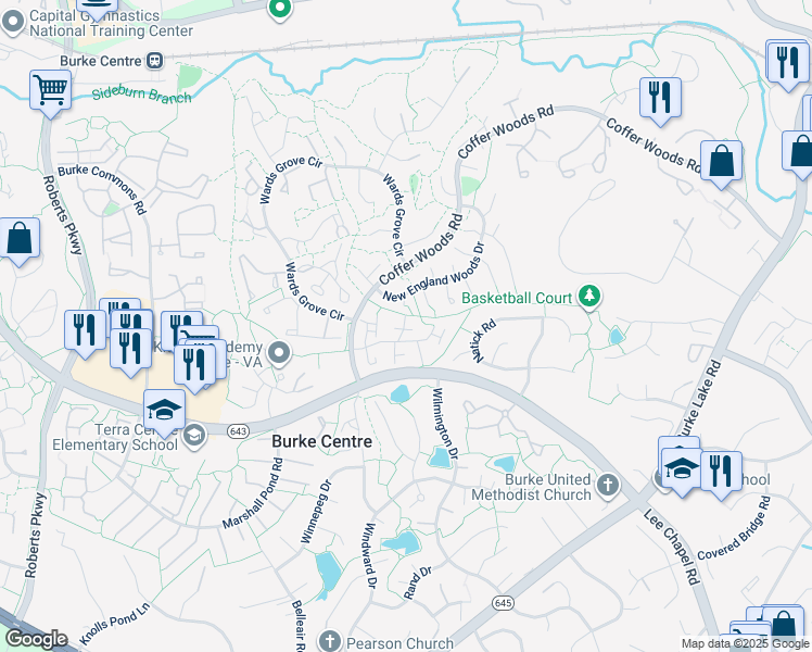 map of restaurants, bars, coffee shops, grocery stores, and more near 9952 Hemlock Woods Lane in Burke